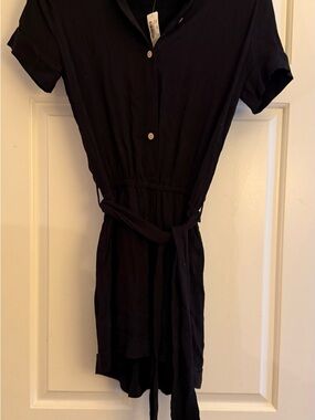 La Vie En Rose Black Short-Sleeve Shirt Dress with Tie Belt (NWT)